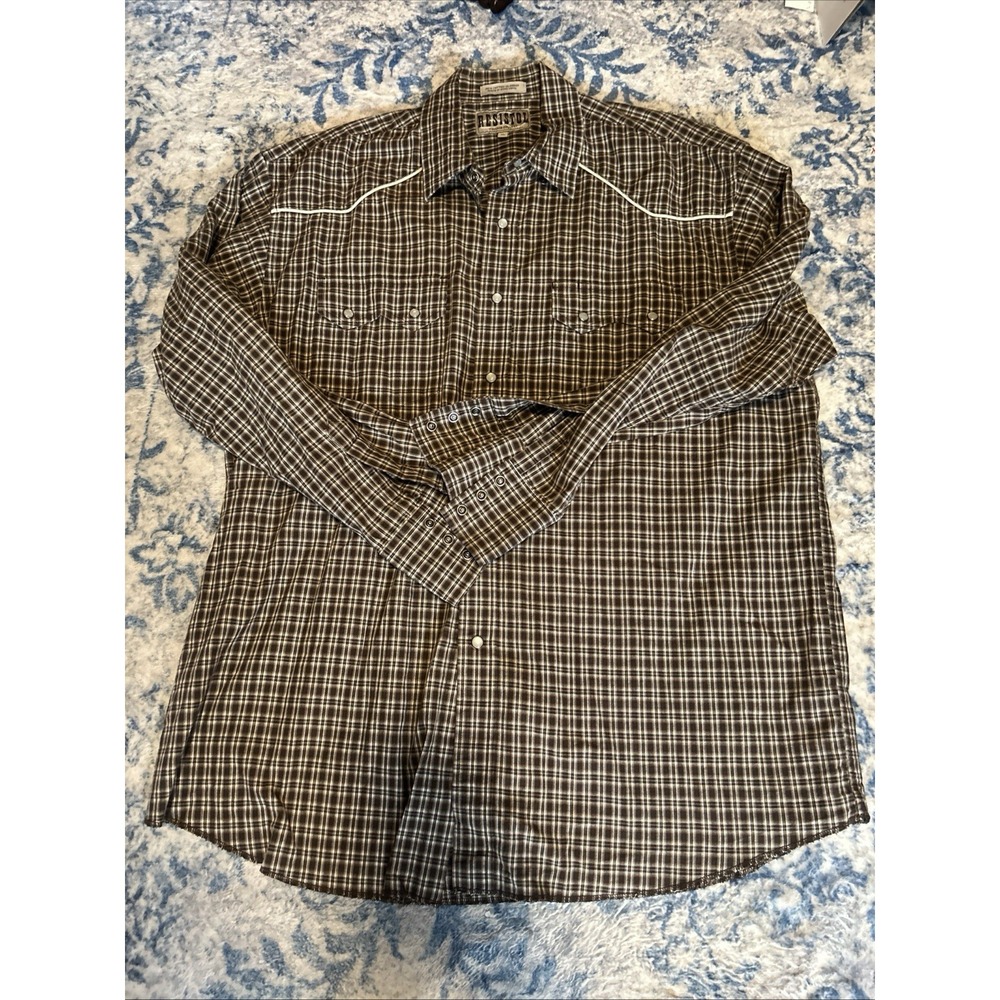 Resistol Rodeo Gear Western Shirt Mens XL Brown Plaid Cowboy Pearl Snap Sawtooth